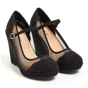 New Torrid 13WW 13 Wide Sexy Black Platform Faux Suede & Mesh 4.5" Wedge Heels